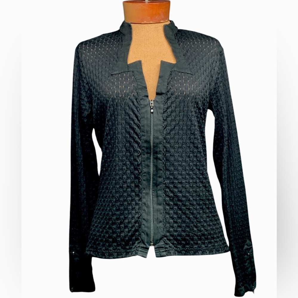 Anne Fontaine Black Textured Zip-Front Long Sleeve Blouse